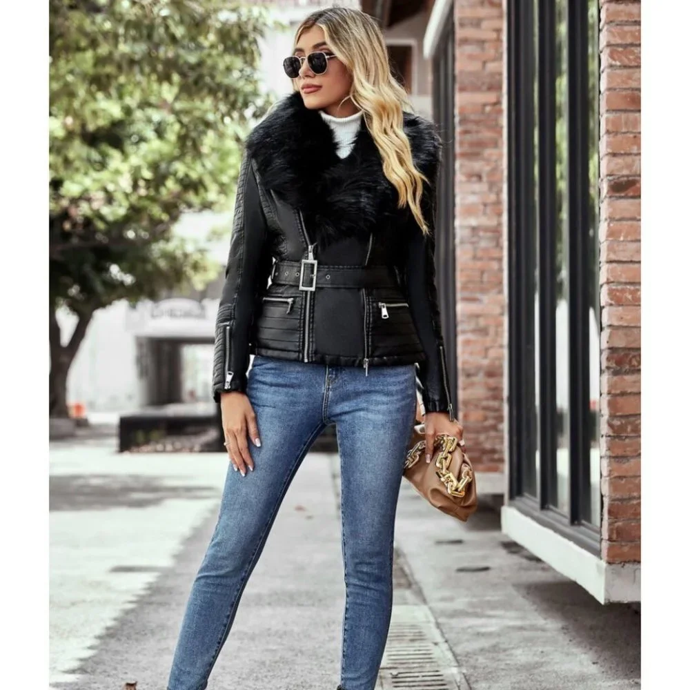 Black Faux Fur Leather Belted Motorcycle Bomber Jacket Sherpa Winter Biker Coat - Picture 3 of 10